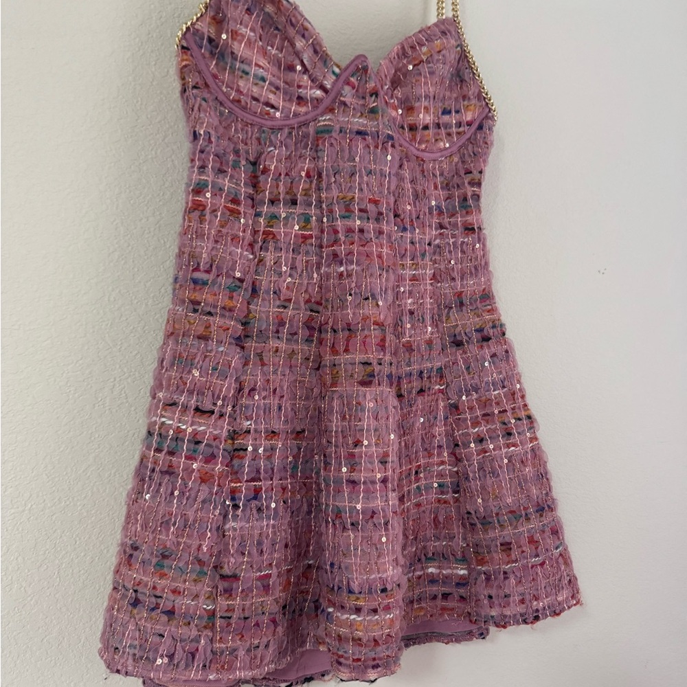 For Love & Lemons Plaid Pink Multi Mini Dress Celine Tweed Chain (S) Like New - Picture 12 of 13